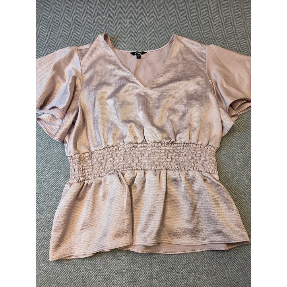 Express Blouse Top Women's XL Pink Satin Peplum Smocked Waist Flutter Sleeve